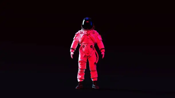 Astronaut Advanced Crew Escape Suit with Black Visor and White Spacesuit with Pink and Blue Moody 80s lighting Front 3d illustration 3d render