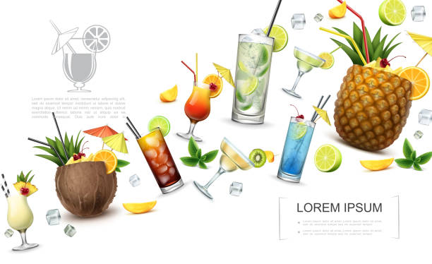 Realistic Alcoholic Drinks Concept Realistic alcoholic drinks concept with pina colada cuba libre blue lagoon tequila sunrise martini margarita mojito cocktails and fruits slices vector illustration pineapple beach stock illustrations