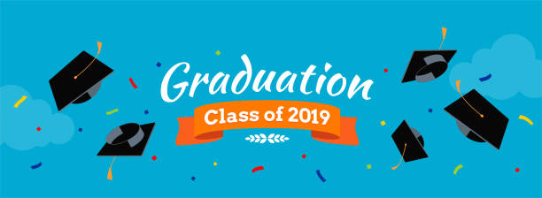 Black graduate caps and confetti on the sky background Black graduate caps and confetti on the sky background. Vector background for banners, invitation card and greeting. Graduation Party concept. pics for graduation free stock illustrations