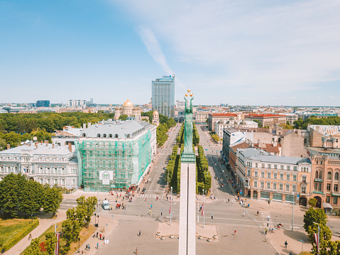 Riga, Latvia - May 20, 2018: Aerial view of the statue of liberty Milda in the center of Riga during international Lattelecom marathon.