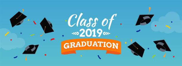 Black graduate caps and confetti on the sky background Black graduate caps and confetti on the sky background. Vector background for banners, invitation card and greeting. Graduation Party concept. pics for graduation free stock illustrations