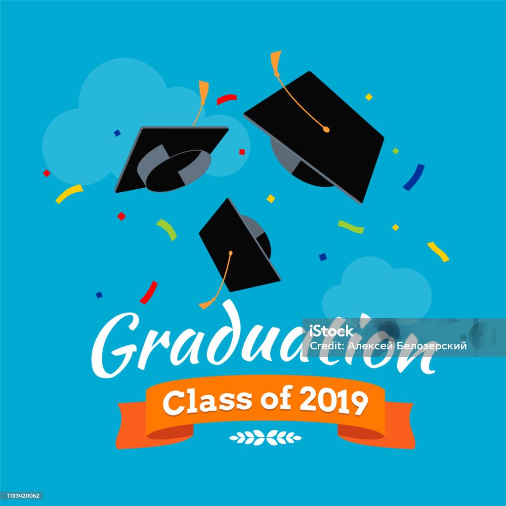 Black graduate caps and confetti on the sky background Black graduate caps and confetti on the sky background. Vector background for banners, invitation card and greeting. Graduation Party concept. Graduation stock vector