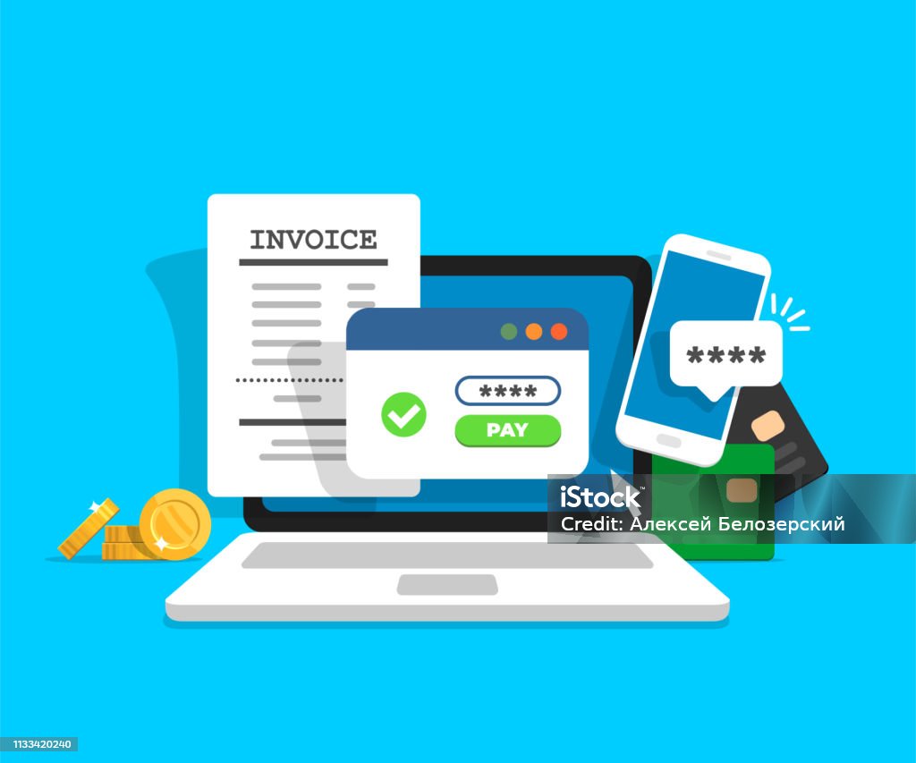 Online payment concept. Laptop with electronic invoice. Online payment concept. Laptop with electronic invoice. Financial transaction confirmation via SMS. Coins and card on background. Vector illustration in flat style. Financial Bill stock vector