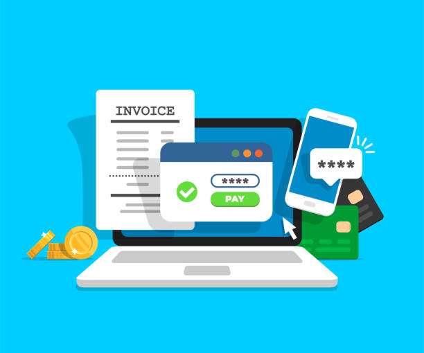 Online payment concept. Laptop with electronic invoice. Online payment concept. Laptop with electronic invoice. Financial transaction confirmation via SMS. Coins and card on background. Vector illustration in flat style. banking stock illustrations