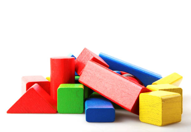 Colorful Wooden Building Blocks Toys Isolated On White Background