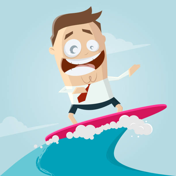 istock funny cartoon illustration of a surfing businessman 1133421323