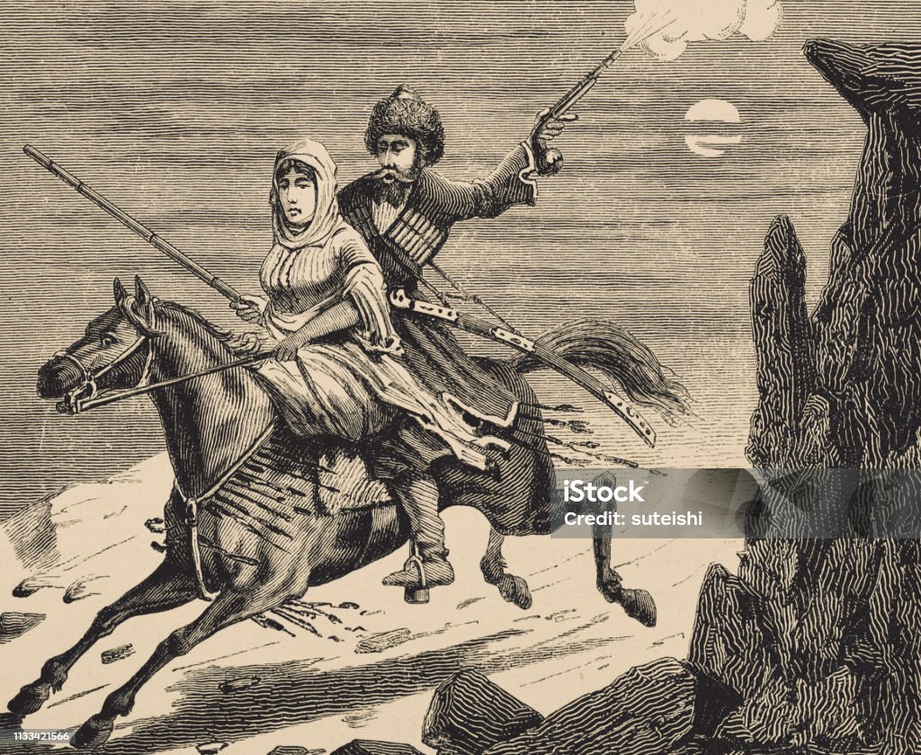 A bride and groom is riding in Cherkessia. history, vintage, illustration, retro style,  19th Century Style, old, bride, riding, dusk, Cherkessia, 1880-1889 stock illustration