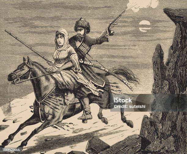 A Bride And Groom Is Riding In Cherkessia Stock Illustration - Download Image Now - 1880-1889, 19th Century, 19th Century Style