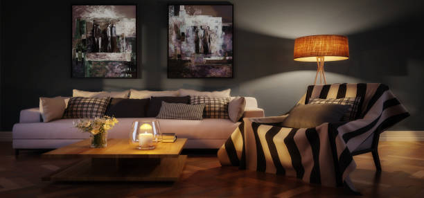 Cute living room interior with paintings by evening (panoramic) - 3d visualization stock photo