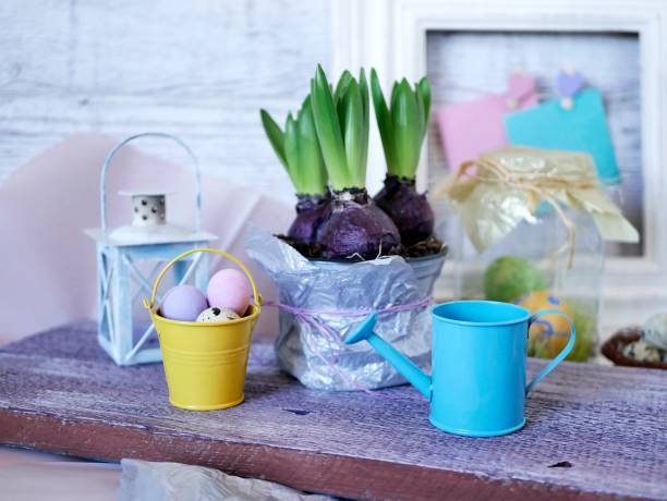 istock Flower pot with farmed hyacinths, chicken eggs, quail eggs, Easter decor on wooden light background 1133422769