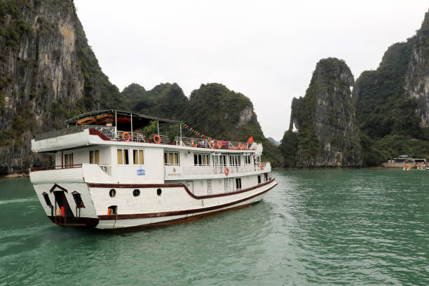 The boat moves on the river