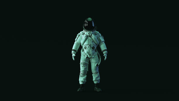 istock Astronaut Advanced Crew Escape Suit with Black Visor and White Spacesuit with Blue Green Moody 80s lighting Front 1133423015