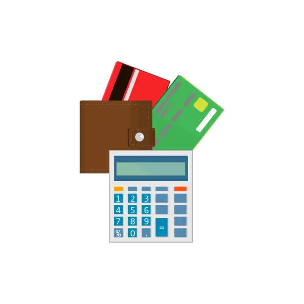 Vector illustration of Calculator, wallet and Bank cards.