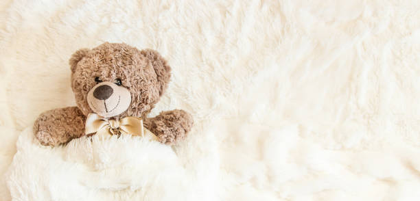 istock children's toy sleeps under the blanket. copy space. Selective focus. 1133423262