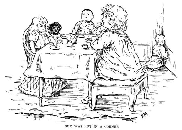 kleines viktorianisches mädchen hält eine teeparty für ihre puppen - party tea party tea child stock-grafiken, -clipart, -cartoons und -symbole