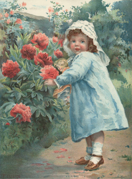 маленькая викторианская девушка, собираюя цветы - ornamental garden europe flower bed old fashioned stock illustrations
