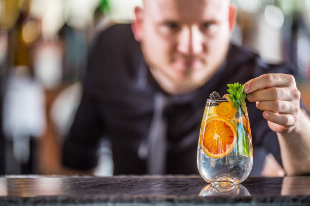 istock Professional barman decorating gin tonic cocktail drink and decorated it with mint herbs. 1133426151