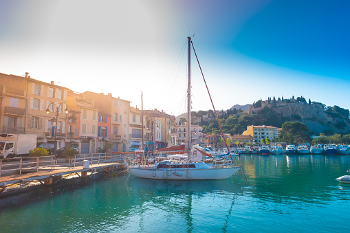 View Of Cap Canaille And Boats In The Port During Sunny Day-Cassis, France