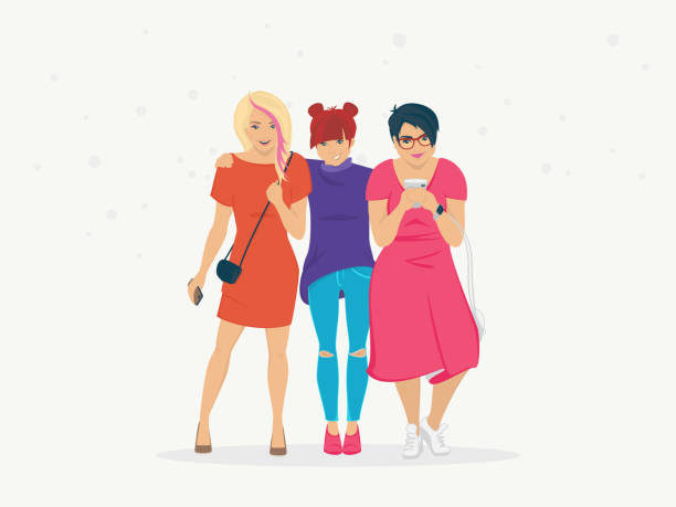 ilustrações de stock, clip art, desenhos animados e ícones de three young women or girls wearing casual clothes standing together as friends. - three people women teenage girls friendship