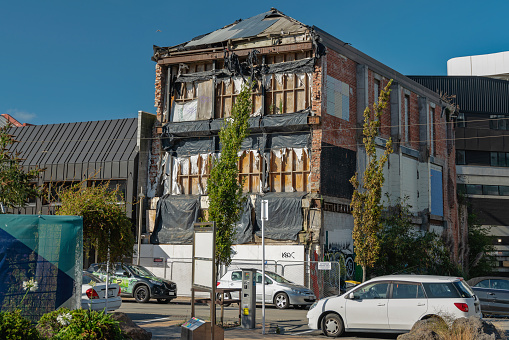 Downtown of Christchurch. On February 2011 the earthquake brought down many buildings.  Heritage buildings suffered heavy damage. Christchurch, South Island of New Zealand, February 4, 2018