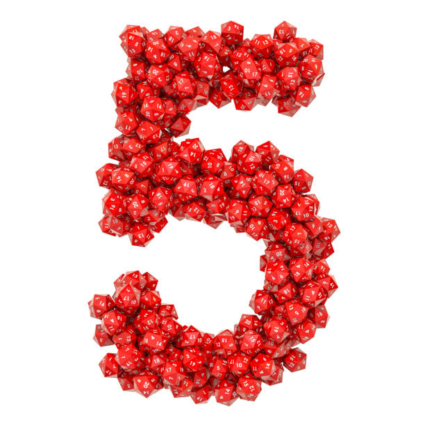 istock Number 5, from red twenty-sided dice, 3D rendering isolated on white background 1133430916