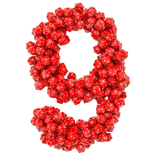 istock Number 9, from red twenty-sided dice, 3D rendering isolated on white background 1133430933