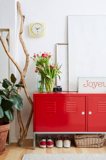 istock beautiful interior red locker and vivid decoration design 1133431031