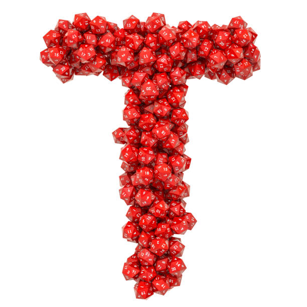 istock Alphabet letter T from red twenty-sided dice, 3D rendering isolated on white background 1133431253