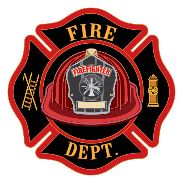 Fire Department Cross Red Helmet Fire Department Cross Red Helmet is an illustration of a fireman or firefighter Maltese cross emblem with a red firefighter helmet and badge containing an empty space for your text in the foreground. Great for t-shirts, flyers, and web sites. firefighter shield stock illustrations