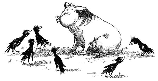 An imperious-looking pig sitting on its haunches, surrounded by indignant-looking and rather scruffy crows. Perhaps the pig has been bossing them about. One of the crows has its eye on the pig’s tail, thinking it might be a worm! From “Little Folks - A Magazine for the Young” published in 1894 by Cassell & Company Ltd., London, Paris and Melbourne.