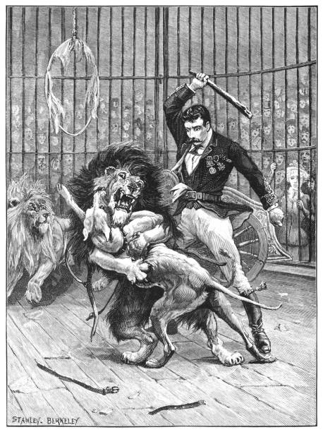 During a 19th century circus performance, a lion-tamer is attempting to separate a lion and a dog who are fighting, apparently to the death. Another lion nearby appears to be about to join in and the situation is becoming dangerous, to the horror of the spectators. From “Little Folks - A Magazine for the Young” published in 1894 by Cassell & Company Ltd., London, Paris and Melbourne.