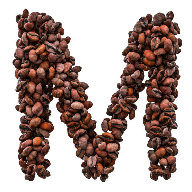 Alphabet letter M from roasted coffee beans, 3D rendering isolated on white background