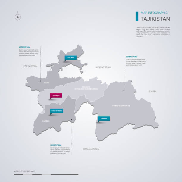 illustrazioni stock, clip art, cartoni animati e icone di tendenza di mappa vettoriale tagikistan con elementi infografici, segni puntatore. - tagikistan