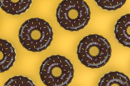 3d render donuts on colorful background. Flat lay, directly above, top view.