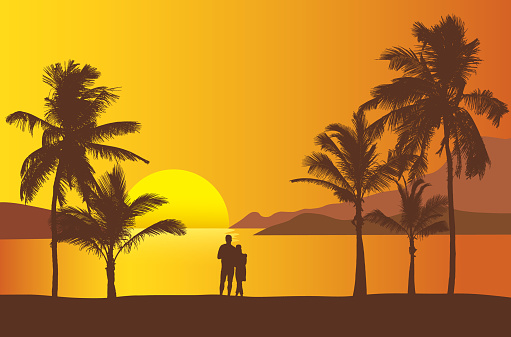 Realistic illustration of sunset over sea or ocean with beach and palm trees. Two people standing together on the beach looking at the water. Orange sky and space for text - vector