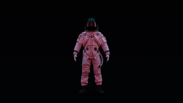 istock Astronaut Advanced Crew Escape Suit with Black Visor and White Spacesuit with Pink and Blue Moody 80s Sci-Fi lighting Front 1133438657