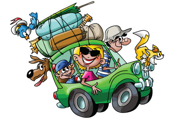 illustrazioni stock, clip art, cartoni animati e icone di tendenza di famiglia di cartoni animati in vacanza con le loro auto illustrazione vettoriale completamente carica - caricatura