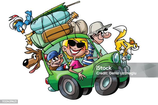 Cartoon Family Going On Vacation With Their Cars Fully Loaded Vector  Illustration Stock Illustration - Download Image Now - iStock