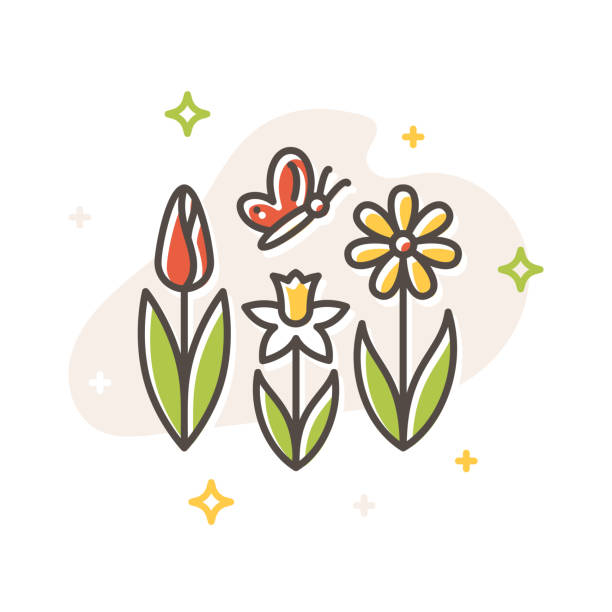 Flower spring and butterfly flat vector icon vector art illustration