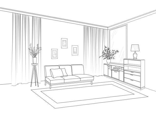Home living room interior. Outline sketch of furniture with sofa, shelving, table. Living room drawing design. Engraving hand drawing illustration Home living room interior. Outline sketch of furniture with sofa, shelving, table. Living room drawing design. Engraving hand drawing illustration living room illustrations stock illustrations