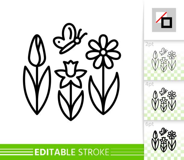 illustrations, cliparts, dessins animés et icônes de fleur de printemps papillon simple ligne vecteur icône - daffodil flower silhouette butterfly