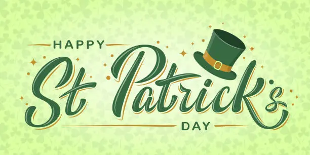 Vector illustration of Happy St. Patrick Day lettering text with Leprechaun`s green hat