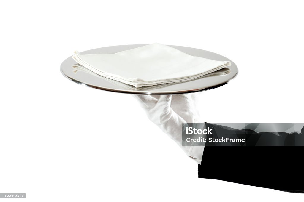 Present and bring Waiter brings or presents, symbol Flat - Physical Description Stock Photo