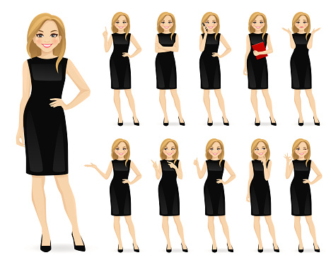 Young beautiful woman in black dress character in different poses set vector illustration