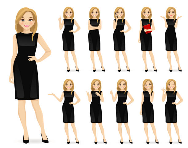 Woman in black dress character set Young beautiful woman in black dress character in different poses set vector illustration blond hair stock illustrations