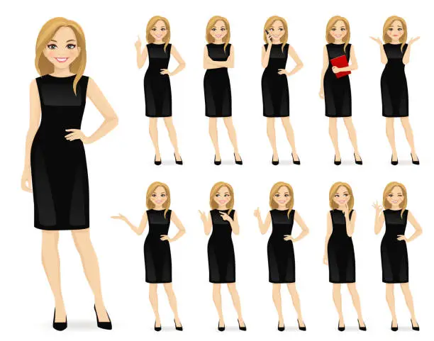 Vector illustration of Woman in black dress character set