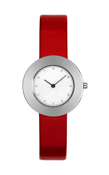 Titanium women's wristwatch isolated on white with a red leather