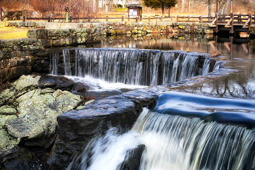 The tops of the waterfall at Southford Falls State Park in Oxford Connecticut in springtime.