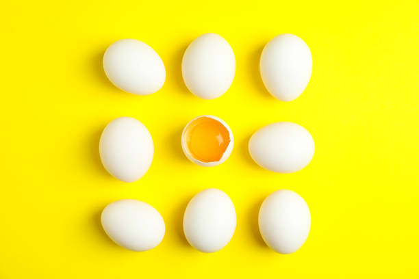 istock Flat lay composition with chicken eggs and half with yolk on color background, space for text 1133446826