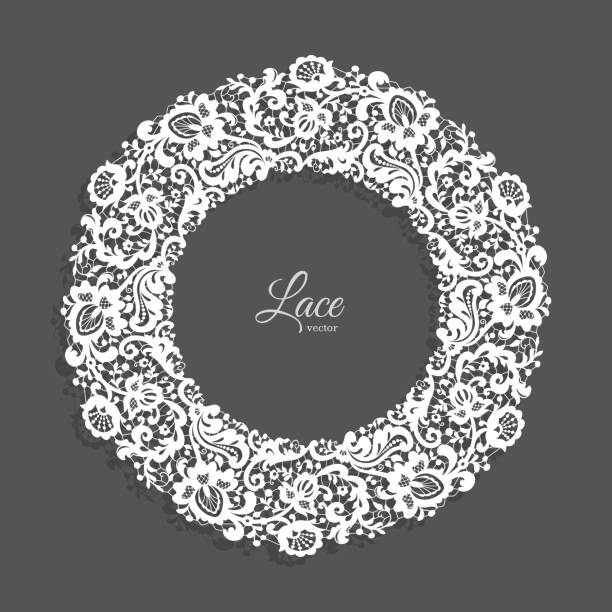 Round frame with lace border pattern Vintage round frame with lace border ornament, lacy circle decoration for wedding invitation design with floral pattern lace doily crochet craft product stock illustrations